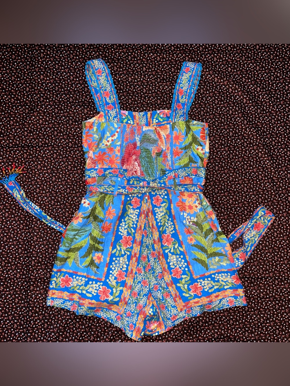 FARM Rio Blue Floral Sleeveless Romper with Tie Waist - Picture 3 of 6
